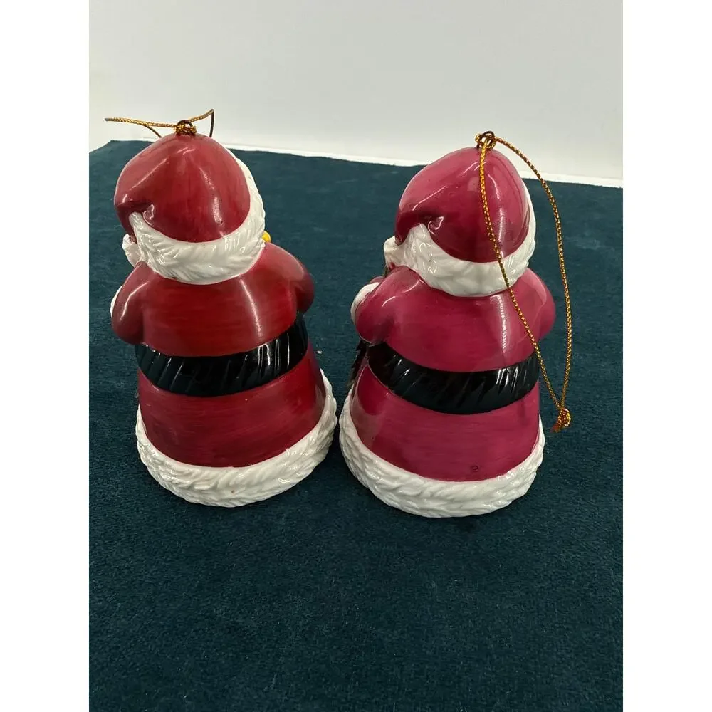Santa Claus Christmas Bells Set of 2 Ceramic 4 Inch Holiday Tree Ornaments Decor